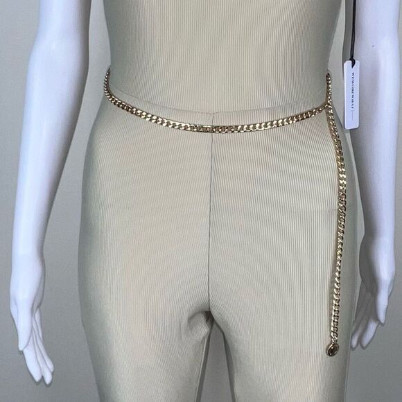 WeWoreWhat Solid Rib Scoop Jumpsuit in Khaki with Gold Chain Belt - Picture 10 of 16